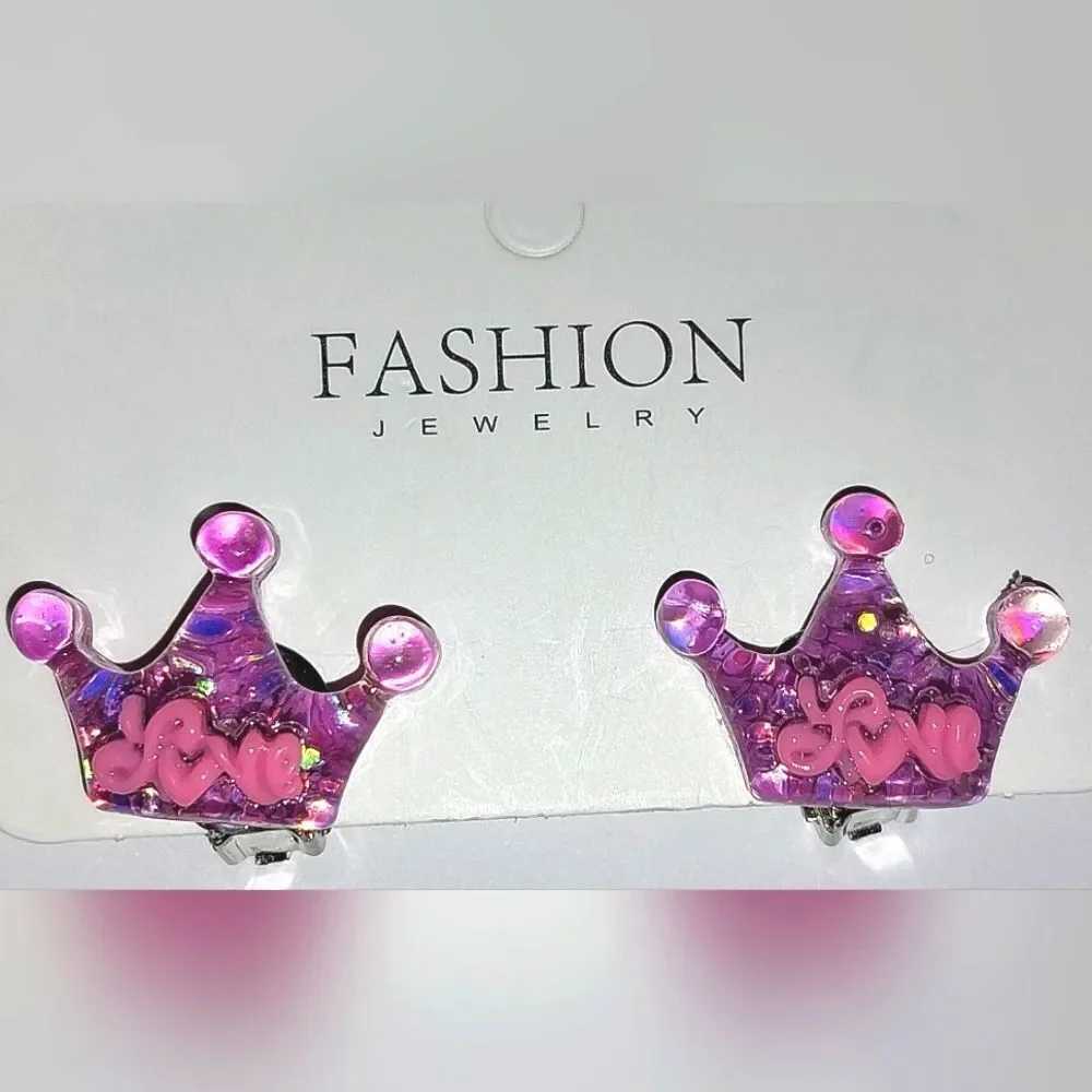 Beautiful Purple Girls Clip-on Love Crown Earrings For Kids